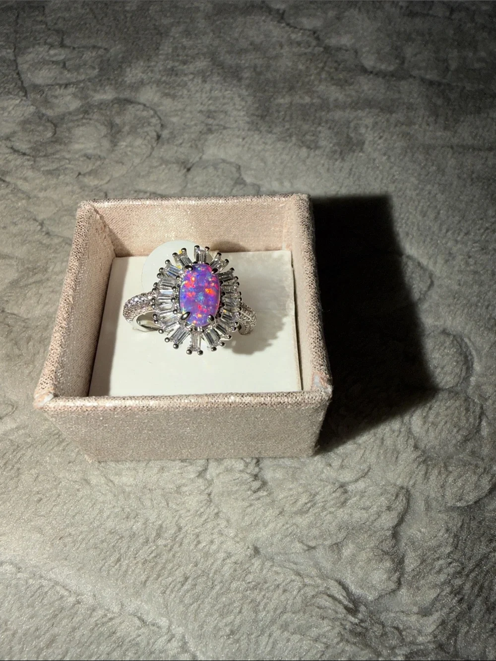 Silver Ring with Pink Opal Center and Halo Accents